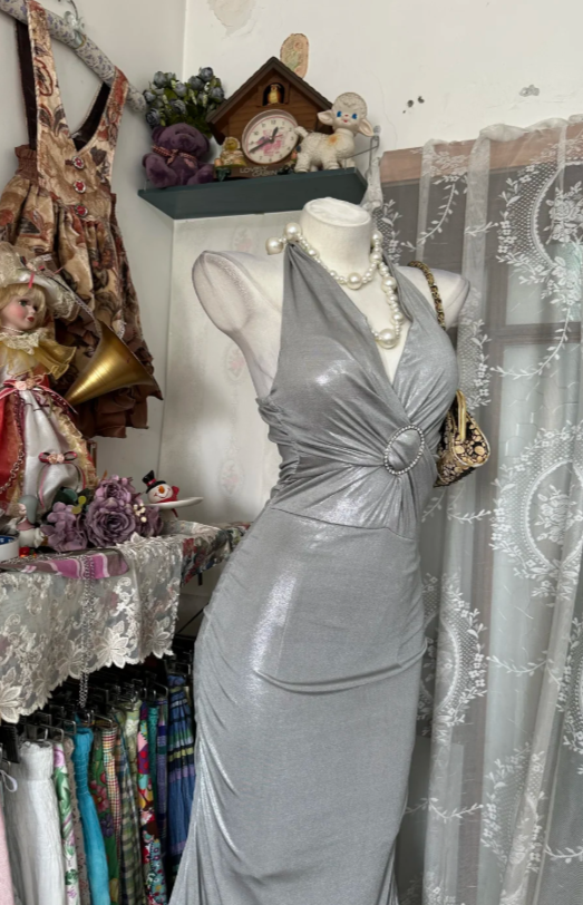 Fashion Halter Sheath Satin Long Evening Dress Gray Prom Dress DP05597
