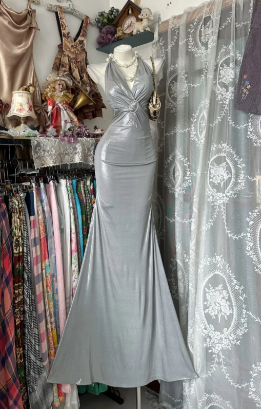 Fashion Halter Sheath Satin Long Evening Dress Gray Prom Dress DP05597