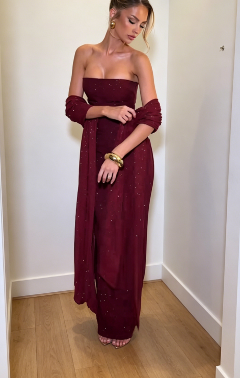 Fashion Strapless Sheath Chiffon Long Evening Dress Burgundy Prom Dress DP05598