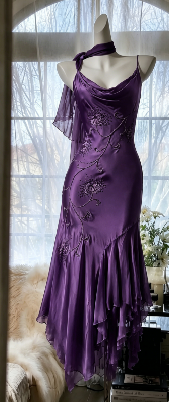 Fashion Spaghetti Straps Sheath Satin Long Evening Dress Purple Prom Dress DP05599