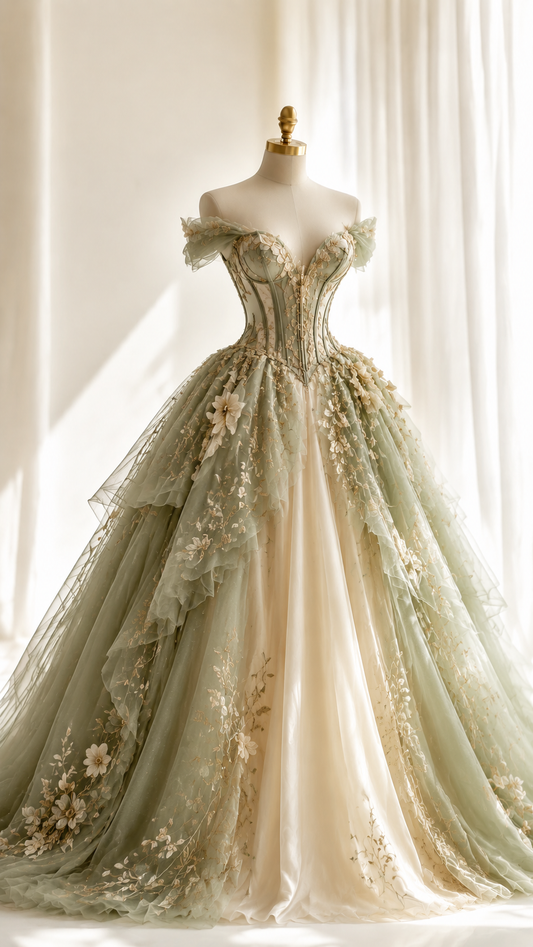 Gorgeous Off-shoulder Ball Gown Quinceanera Dress Tulle Applique Long Prom Dress Green Sweet 16 Dress  DP05600