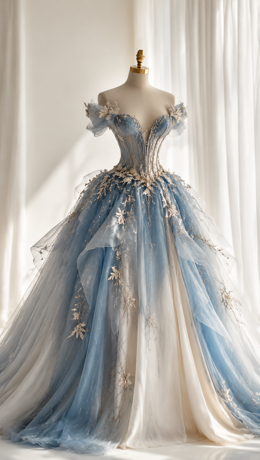 Gorgeous Off-shoulder Ball Gown  Quinceanera Dress Tulle Applique Long Prom Dress Blue Sweet 16 Dress   DP05601