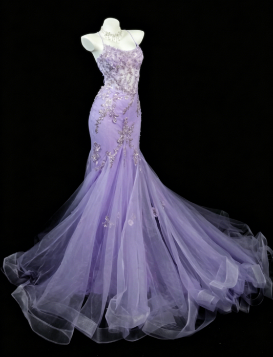 Gorgeous Spaghetti Straps Mermaid Tulle Appliques  Long Evening Dress Purple Prom Dress DP05605