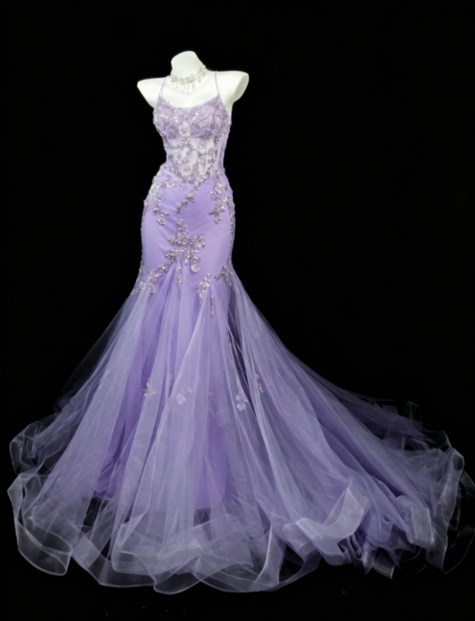 Gorgeous Spaghetti Straps Mermaid Tulle Appliques  Long Evening Dress Purple Prom Dress DP05605