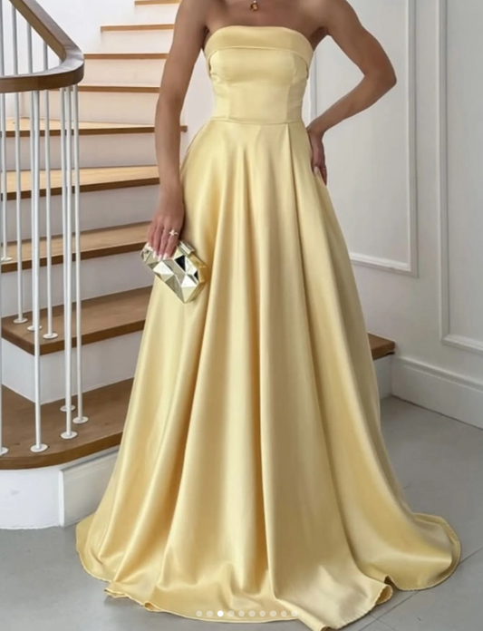 Gorgeous Strapless A-line Satin Long Evening Dress Yellow Wedding Guest Dress DP05606