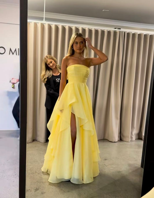 Gorgeous Strapless A-line Chiffon Long Evening Dress Yellow Wedding Guest Dress DP05607