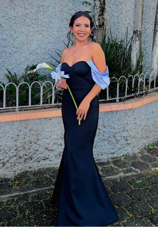 Gorgeous Off-shoulder Mermaid Satin Long Evening Dress Black Wedding Guest Dress DP05608