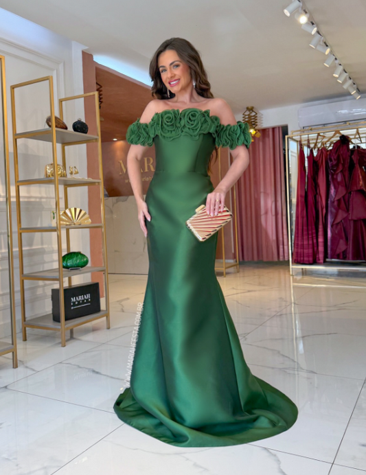 Gorgeous Off-shoulder Mermaid Satin Long Evening Dress Green Wedding Guest Dress DP05609