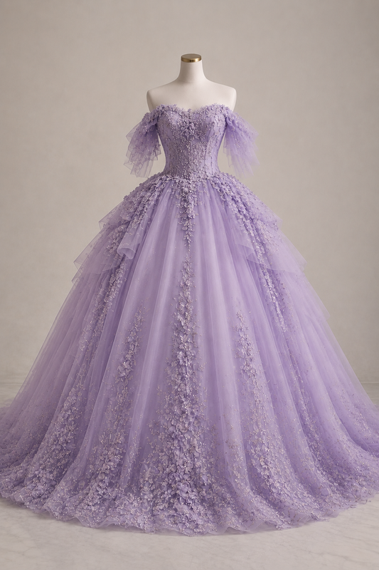 Gorgeous Off-shoulder Ball Gown Quinceanera Dress Tulle Appliques Long Prom Dress Lavender Sweet 16 Dress DP05625