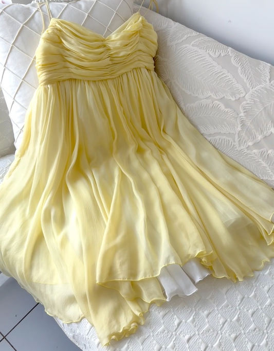 Gorgeous Spaghetti Straps Birthday Dress Sheath Chiffon Beaded Short  Cocktail Dress Yellow Short Prom Dress DP05630