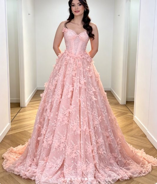 Elegant Sweetheart A-Line Tulle Applique Long Evening Dress Pink Prom Dress DP05638