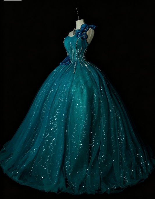 Gorgeous One-shoulder Ball Gown Quinceanera Dress Tulle Sequins Long Birthday Dress Blue Sweet 16 Dress DP05645
