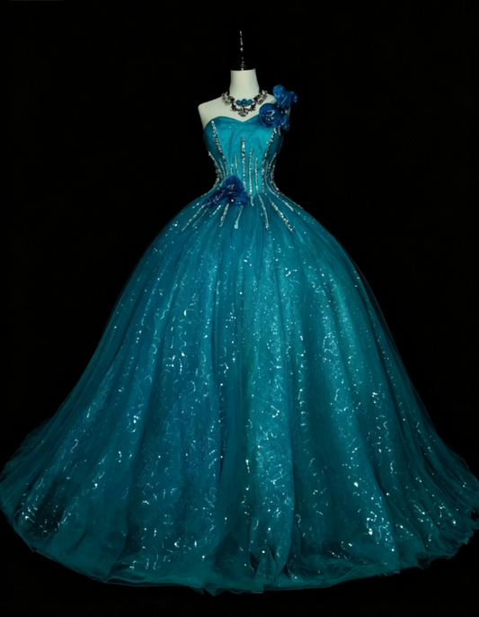 Gorgeous One-shoulder Ball Gown Quinceanera Dress Tulle Sequins Long Birthday Dress Blue Sweet 16 Dress DP05645