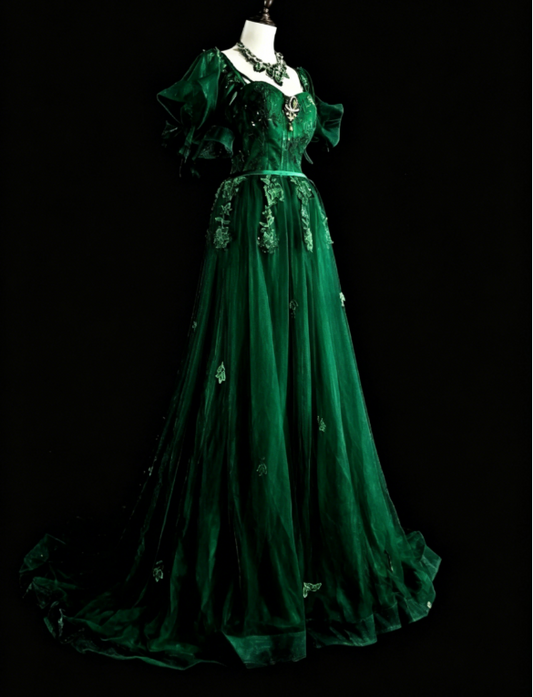 Gorgeous A-Line Quinceanera Dress Tulle Appliques Long Green Sweet 16 Dress DP05646
