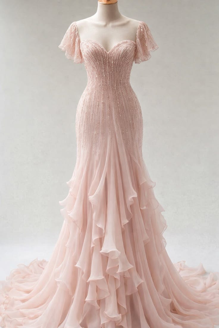 Chic Pink Long Prom Dress Chiffon Beaded Sheath Long Evening Dress DP05647