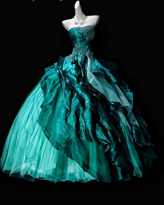 Gorgeous Strapless A-Line Quinceanera Dress Tulle Appliques Long Turquoise Sweet 16 Dress  DP05648