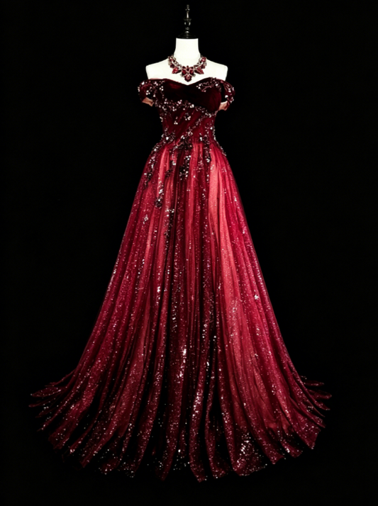 Gorgeous Off-shoulder A-Line Quinceanera Dress Tulle Sequins Long Burgundy Sweet 16 Dress  DP05649