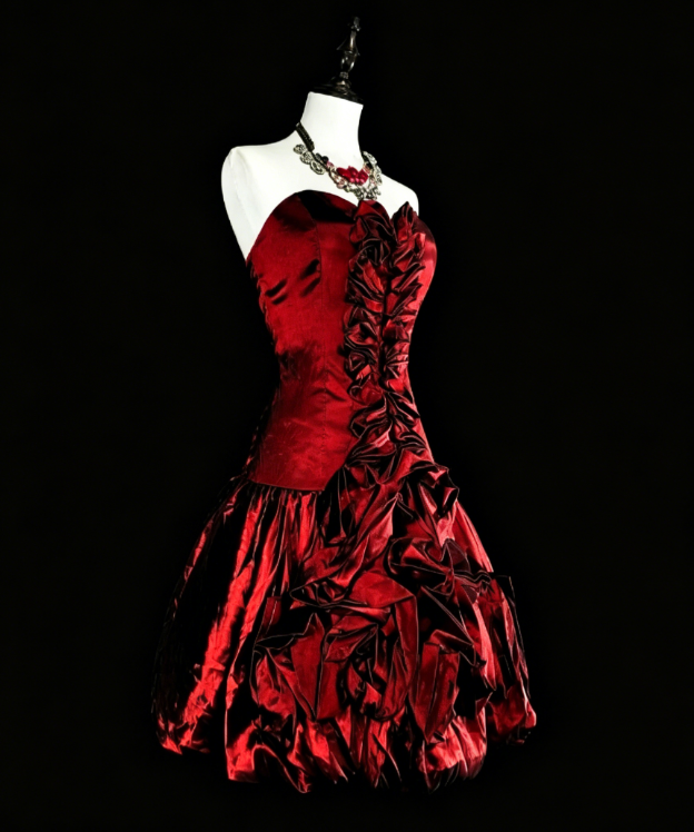 Cute Strapless A-Line Satin Short Prom Dress Sleeveless Birthday Dress Burgundy Cocktail Dress DP05650