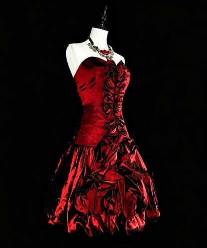 Cute Strapless A-Line Satin Short Prom Dress Sleeveless Birthday Dress Burgundy Cocktail Dress DP05650