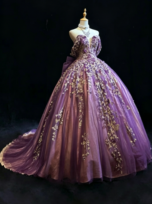 Gorgeous Off-shoulder A-Line Quinceanera Dress Tulle Applique Long Purple Sweet 16 Dress  DP05651