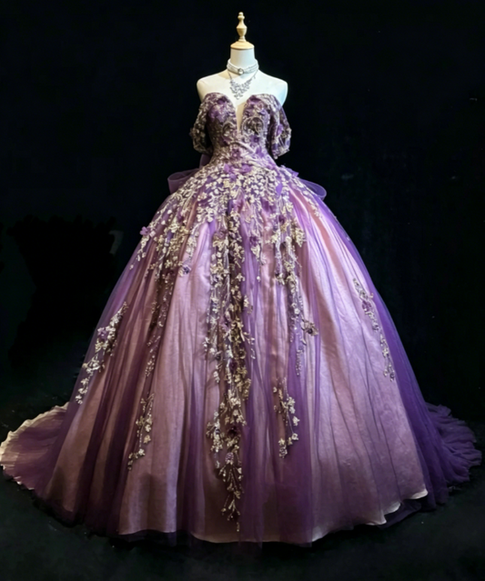 Gorgeous Off-shoulder A-Line Quinceanera Dress Tulle Applique Long Purple Sweet 16 Dress  DP05651