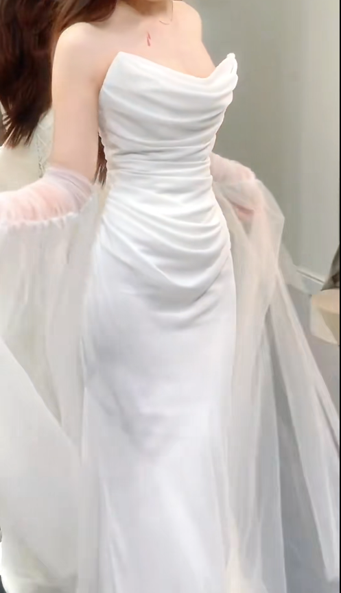 Elegant Strapless Sheath Long Wedding Dress Tulle Sleeveless Bridal Dress White Bridal Gown DP05654