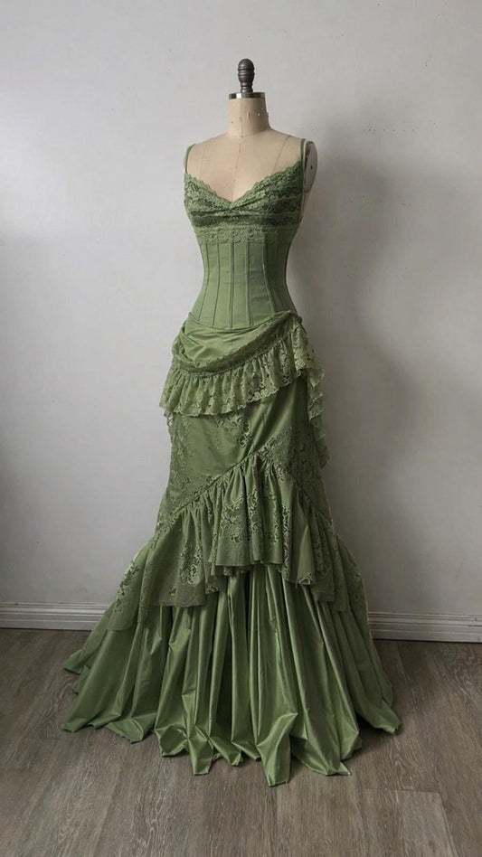 Elegant Spaghetti Straps A-Line Satin Long Evening Dress Green Prom Dress DP05658