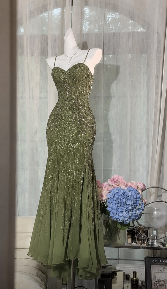 Gorgeous Spaghetti Straps Sheath Chiffon Beaded Long Evening Dress Olive Green Prom Dress DP05660
