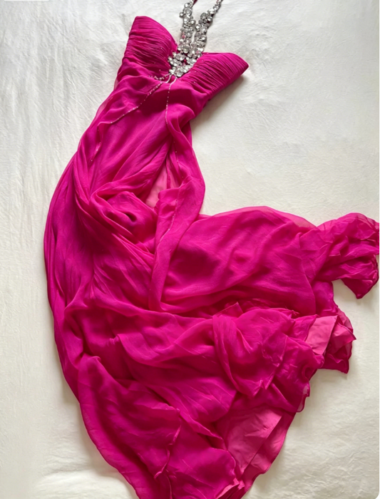 Gorgeous Halter Sheath Chiffon Long Evening Dress Hot Pink Prom Dress DP05662