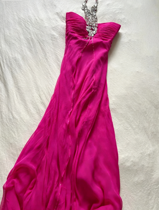 Gorgeous Halter Sheath Chiffon Long Evening Dress Hot Pink Prom Dress DP05662