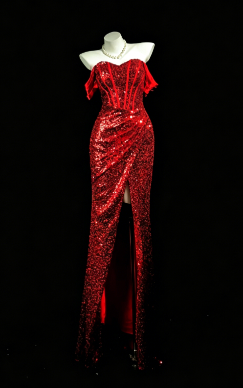 Gorgeous Off-shoulder Sheath Sequins Long Evening Dress Burgundy Prom Dress DP05666