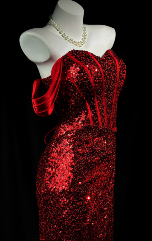 Gorgeous Off-shoulder Sheath Sequins Long Evening Dress Burgundy Prom Dress DP05666