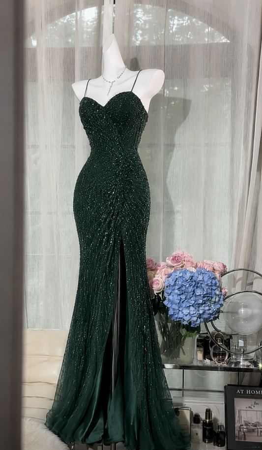 Gorgeous Spaghetti Straps Sheath Chiffon Beaded Long Evening Dress Dark Green Prom Dress DP05668