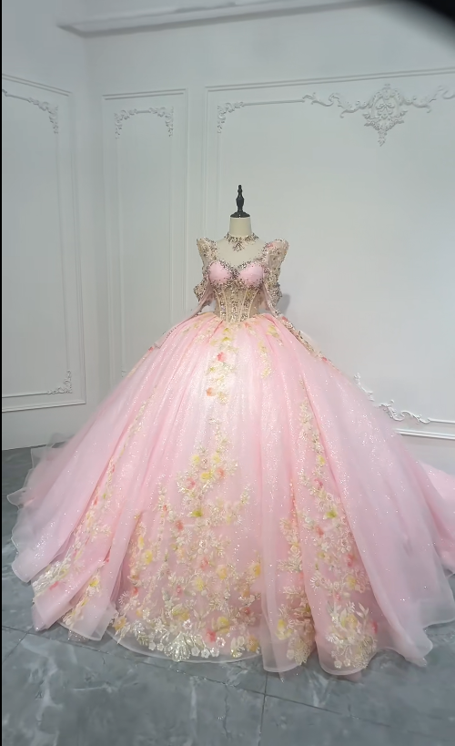 Gorgeous Ball Gown Quinceanera Dress Tulle Appliqus Long Birthday Dress Pink Sweet 16 Dress DP05673