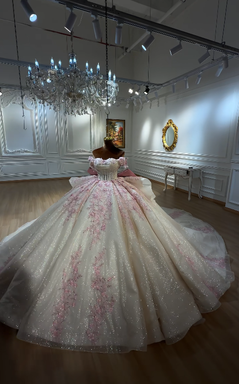 Gorgeous Off-shoulder Ball Gown Quinceanera Dress Tulle Appliqus Long Birthday Dress White Sweet 16 Dress DP05674