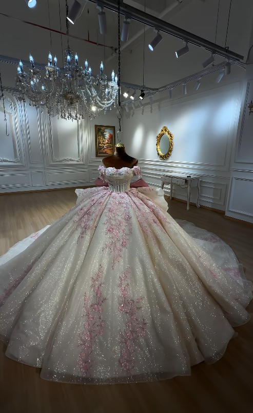 Gorgeous Off-shoulder Ball Gown Quinceanera Dress Tulle Appliqus Long Birthday Dress White Sweet 16 Dress DP05674