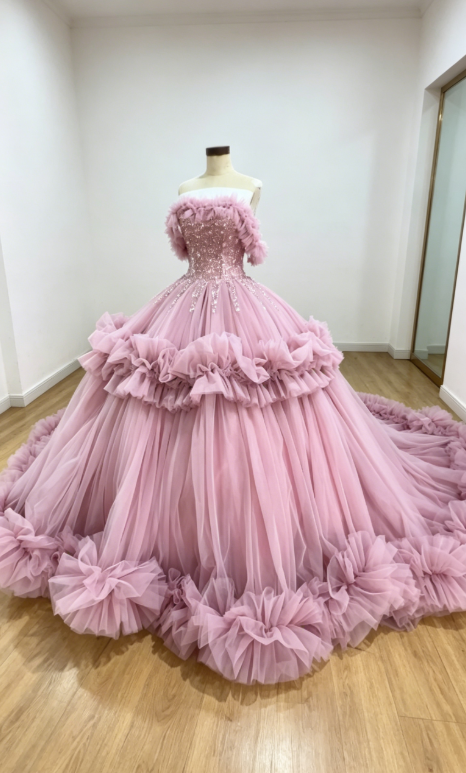 Gorgeous Off-shoulder Ball Gown Quinceanera Dress Tulle Appliqus Long Birthday Dress Pink Sweet 16 Dress DP05675