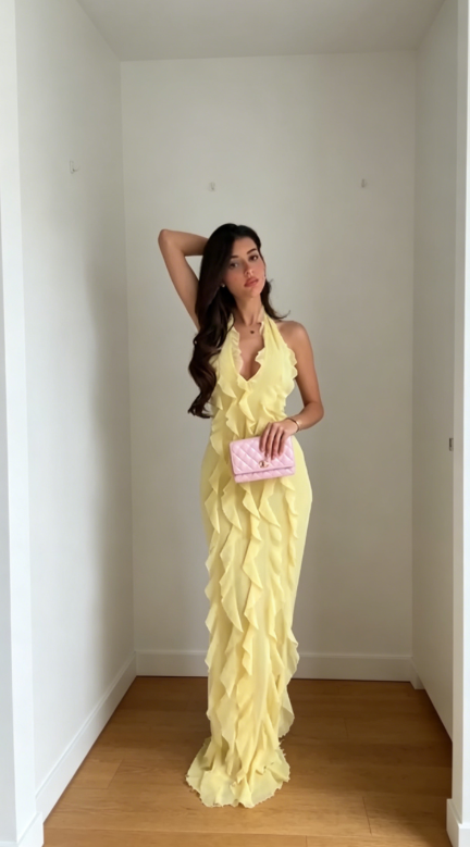 Elegant Yellow Wedding Guest Dress Halter Sheath Chiffon Long Evening Dress DP05695