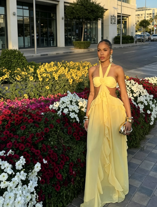 Elegant Yellow Wedding Guest Dress Halter Sheath Chiffon Long Evening Dress  DP05711