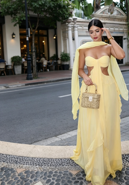 Elegant Yellow Wedding Guest Dress Halter Sheath Chiffon Long Evening Dress  DP05711
