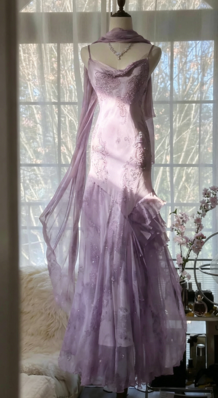 Elegant Lavender Wedding Guest Dress Spaghetti Straps Sheath Beaded Chiffon Long Evening Dress   DP05713
