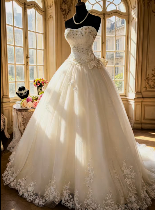 Elegant White Wedding Dress Sweetheart A-Line Bridal Gown Appliques Tulle Bridal Dress DP05717