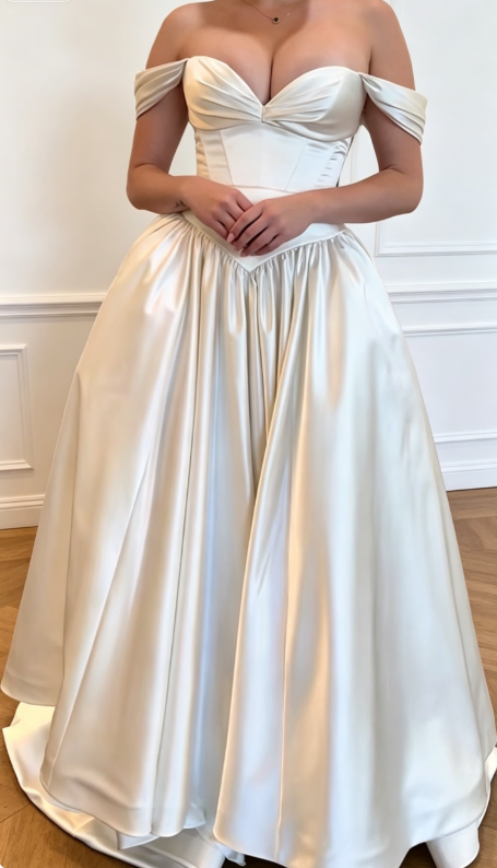 Elegant White Wedding Dress Off-shoulder A-Line Bridal Gown Satin Bridal Dress  DP05718
