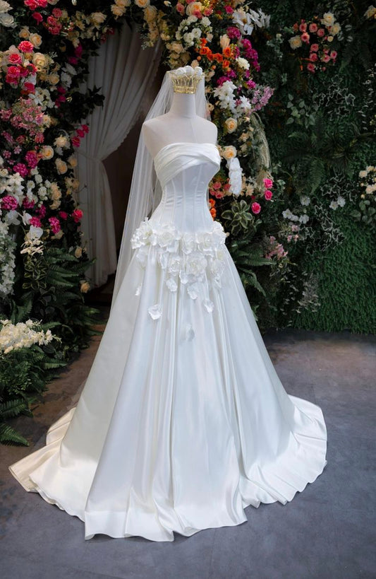 Elegant White Wedding Dress Off-shoulder A-Line Bridal Gown Satin Bridal Dress  DP05719