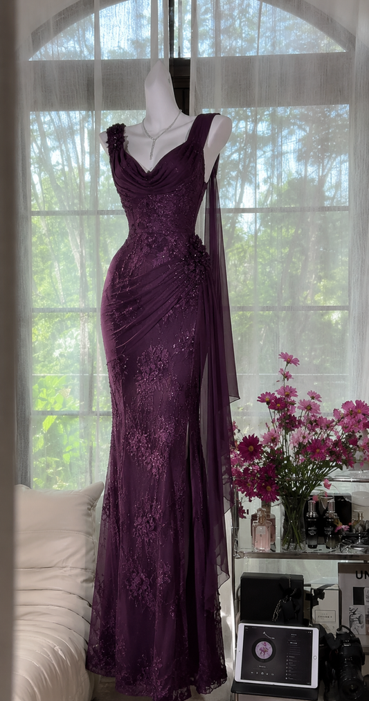 Glam Purple Prom Dress Straps Sheath Chiffon Beaded Long Evening Dress DP05737