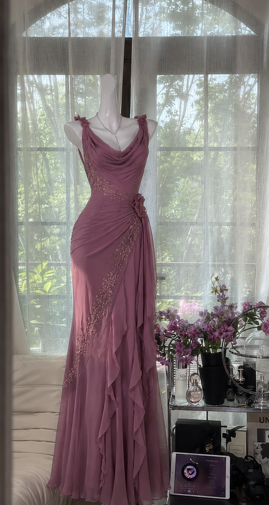 Glam Plum Prom Dress Straps Sheath Chiffon Beaded Long Evening Dress DP05738