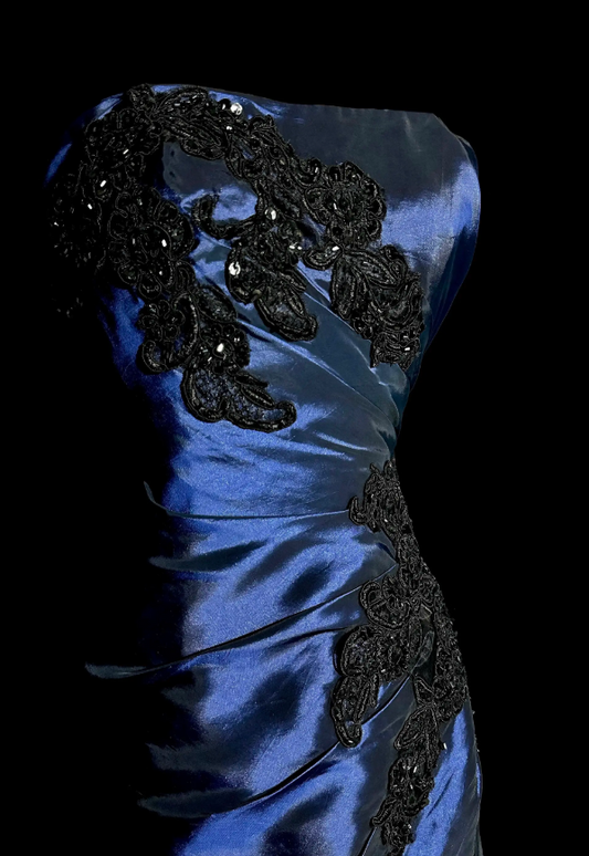 Glam Navy Blue Prom Dress Strapless Mermaid Satin Long Evening Dress DP05740