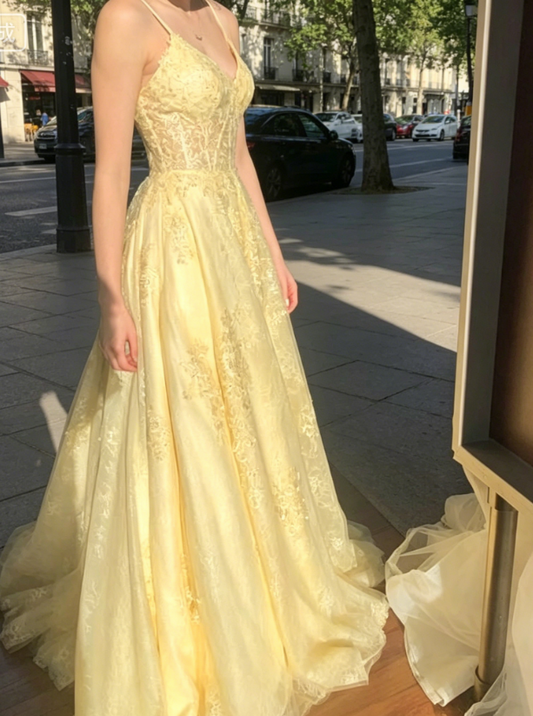 Glam Yellow Prom Dress Spaghetti Straps A-Line Chiffon Long Evening Dress DP05742