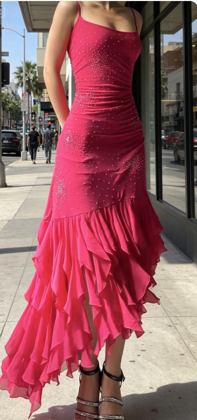 Glam Hot Pink Prom Dress Spaghetti Straps A-Line Chiffon Long Evening Dress DP05743