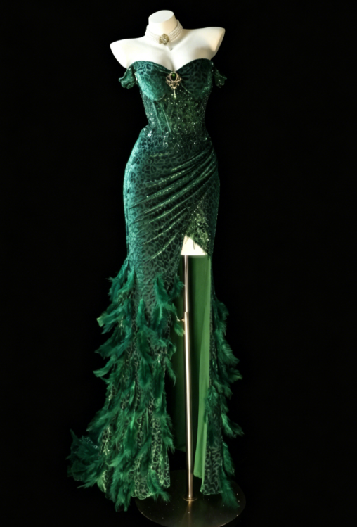 Glam Dark Green Prom Dress Off-shoulder Sheath Satin Long Evening Dress DP05744